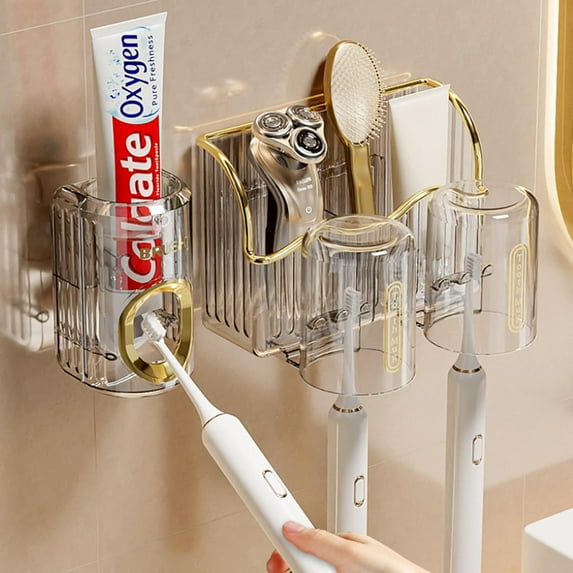Toothbrush Holder for Bathrooms, Luxury Toothbrush Holder Wall Mounted, Multi-Functional Automatic Toothpaste Dispenser and Toothbrush Holders with 4 Brush Slots 2 Cups 2 Storage Slots (White)