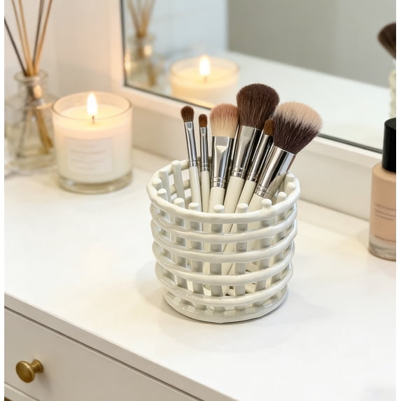 Toothbrush Holder,Boho Woven Grid Bathroom Cup,Breathable Openwork Makeup Brush Organizer,Modern Lattice Stand for Vanity Countertop,Toothpaste Storage - White