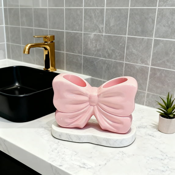 Toothbrush Holder, Bow-Shaped Bathroom Countertop Organizer with Separated Slots, Resin Toothbrush Storage for Sink