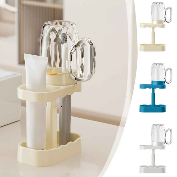 Toothbrush Holder Organizer Rack | Dental Cup Storage | Detachable Drainage Design for Bathroom Countertop | Fits Regular & Electric Brushes | Blue Beige White | 13.5x8x26.5cm