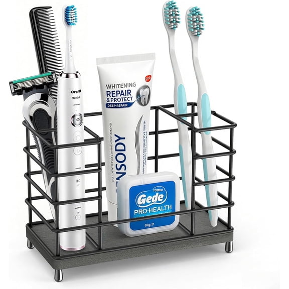 Toothbrush holder with quick-drying pad - bathroom toothbrush and toothpaste holder - 5-slot open design black toothbrush holder set, bathroom countertop organizer, suitable for electric toothbrushes