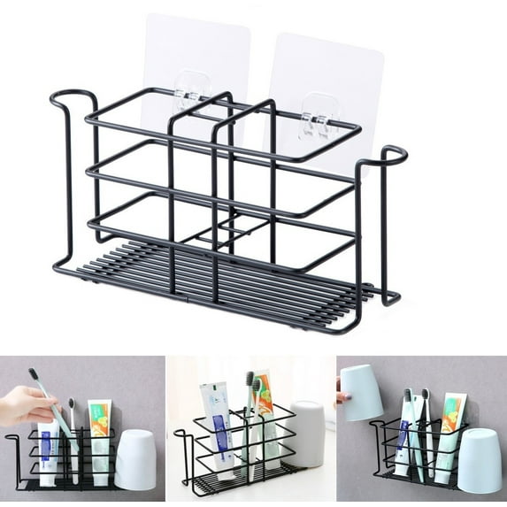 Toothbrush Holder Rack with Mouthwash Cup Holder Slots, Electric Toothbrush Toothpaste Holder Creative Wall-Mounted Drill Free Storage Rack for Bathroom, Black