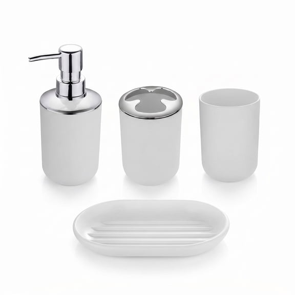 Toothbrush Holder Set,White 4 Piece Bathroom Accessory Set – with Soap Dispenser Pump, Toothbrush Holder, Tumbler and Soap Dish