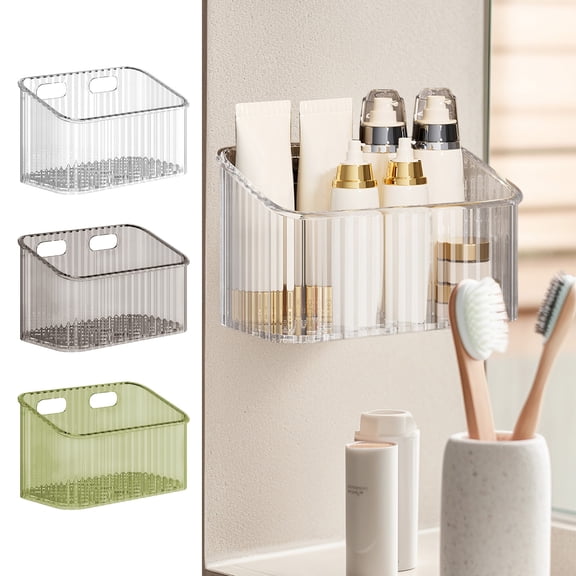 Toothbrush Holder Shower Caddy, Transparent Plastic Wall Mounted Bathroom Organizer Shelf for Toiletries and Cosmetics, Adhesive Storage Box for Kitchen Cabinet or Shower Room, Topliu