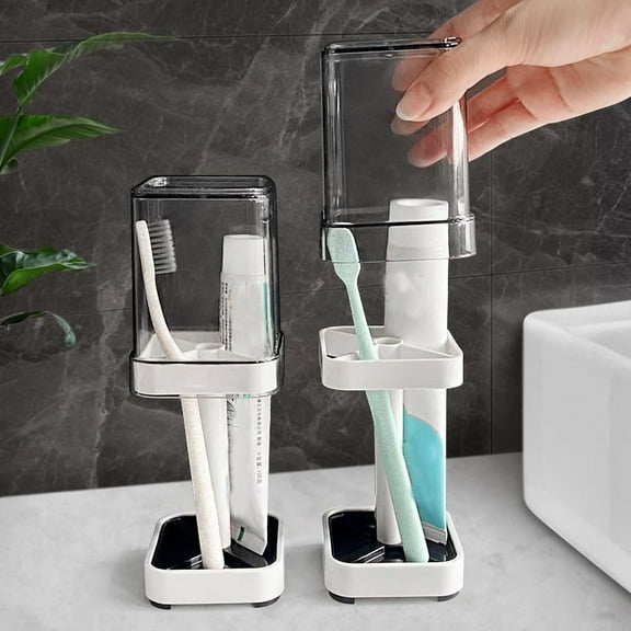 Toothbrush Holder Stand with Cover/Cup, Dust-proof Toothbrush Storage Box with 3 Slots, Multifunctional Standing Toothbrush Rack for Home Travel Hotel