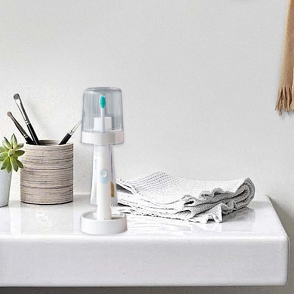 Toothbrush Holder Stand with Cup Cover | Adjustable Height Plastic Bracket | Toothpaste Storage Organizer for Bathroom Counter | Compact Multipurpose Caddy | White | 1 Piece | 10.63x3.38x3.38 in