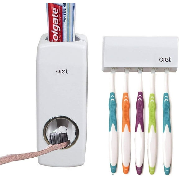 Toothbrush Holder, TRIANU Multifunctional Wall Mounted Toothbrush and Toothpaste Squeezer Kit with 1 Toothpaste Dispenser and 5 Toothbrush Slots for Bathroom, White