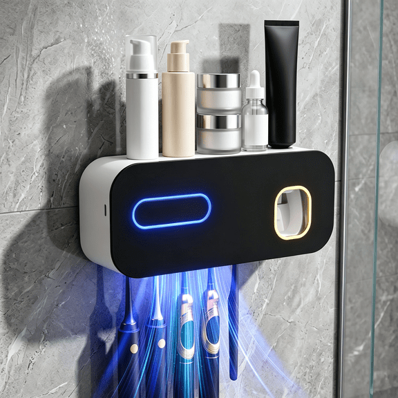 UV Tooth Brush Holder for Bathroom, 5-Slot Wall Mounted Sanitizer with Toothpaste Dispenser, Rechargeable Storage Organizer, Bath Accessories for Family, Black