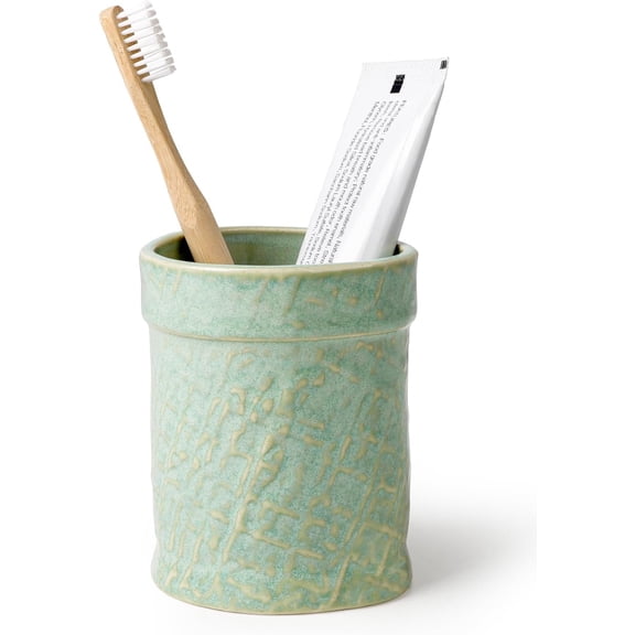 Toothbrush Holder, Tooth Brush Holder for Bathroom - Ceramic Toothbrush Cup Toothbrush Holders Countertop, Makeup Brush Holder Pen Holder, 3.54" x 3.54" x 4.33", Green, General
