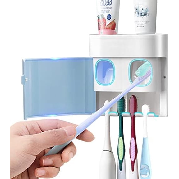 Toothbrush Holder Toothpaste Dispenser Wall Mounted with Cover, 4 Slots Electric Tooth Brush Storage Organizer with 2 Automatic Kids Toothpaste Squeezers for Shower Bathroom Blue, Self Adhesive