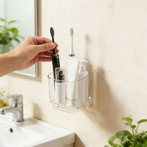 Toothbrush Holder Wall Mount No-Drill Bathroom Organizer,3-Slot Detachable Toothpaste Rack with Drain Tray,Transparent PET for Vanity Shelf Clear