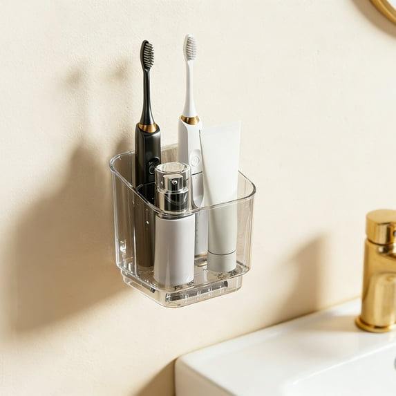 Toothbrush Holder Wall Mount No-Drill Bathroom Organizer,3-Slot Detachable Toothpaste Rack with Drain Tray,Transparent PET for Vanity Shelf Grey