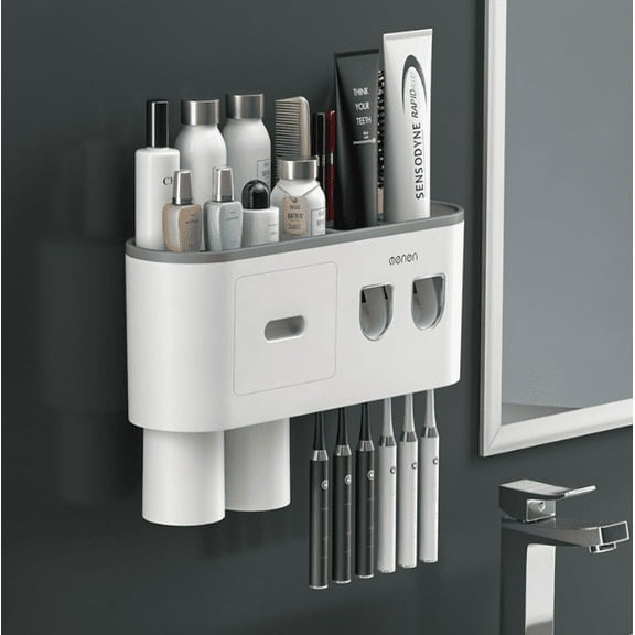 Toothbrush Holder Wall Mounted, Automatic Toothpaste Dispenser Squeezer Kit -Magnetic Toothbrush Holder for Bathroom and Vanity, 6 Brush Slots 2 Cups 1 Cosmetic Drawer 1 Large Storage Tray