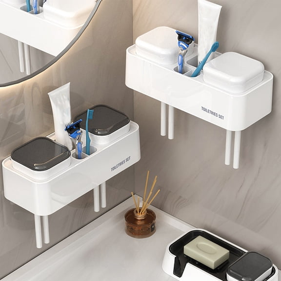 Toothbrush Holder Wall Mounted Bathroom Organizer | Durable ABS Black White | 2 Toothbrush Cups | Fits Standard Toothpaste | Space-Saving, Installation | 24.3x10x8cm | Modern Style