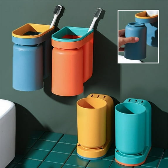 Toothbrush Holder Wall Mounted | Double-Layer Thickened Storage Shelf | Inverted Mouthwash Cups | 4-Color Set | Drainage Design | 11.5x7x12.5cm | Toilet Organizer