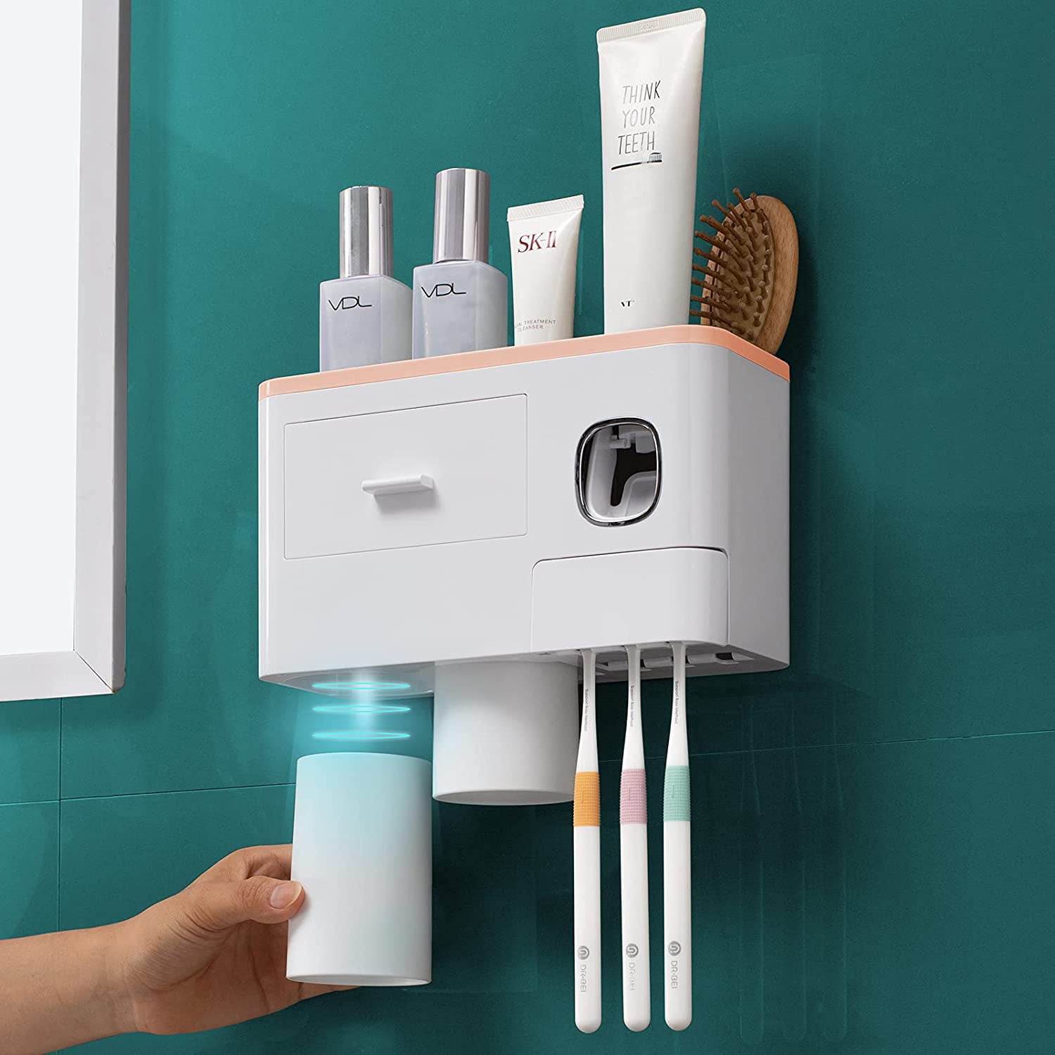 Stusgo Toothbrush Holder Wall Mounted, Multifunctional Space-Saving Automatic Toothpaste Dispenser Squeezer Kit, 4 Toothbrush Slots,2 Cups and Drawers