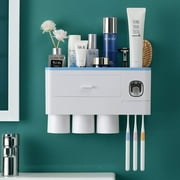 Toothbrush Holder Wall Mounted, Genwiss Automatic Toothpaste Dispenser Squeezer with Holders for Bathroom-Shelf Magnetic Cups Toothbrush Toothpaste Holder Drawer Organizer Space Saver-3 Cups Blue