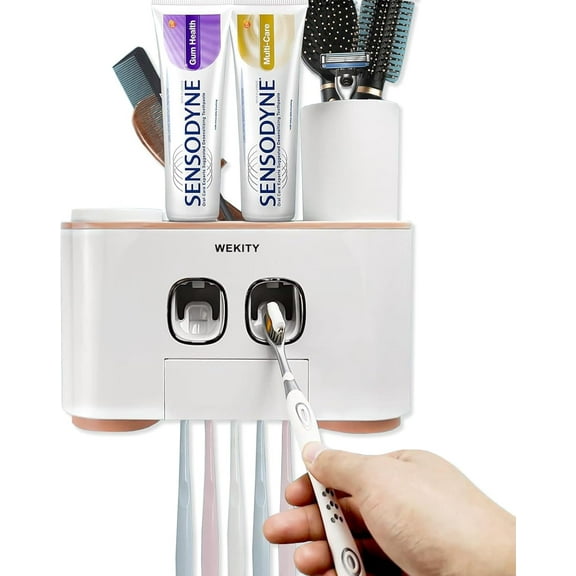 Toothbrush Holder Wall Mounted,Multi-Functional Toothbrush and Toothpaste Dispenser for Bathroom, with 5 Toothbrush Slots, 2 Toothpaste Squeezers and 4 Cups