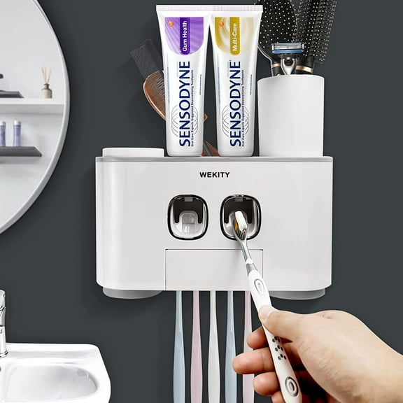 Toothbrush Holder Wall Mounted, Multi-Functional Toothbrush and Toothpaste Dispenser for Bathroom, with 5 Toothbrush Slots, 2 Toothpaste Squeezers and 4 Cups