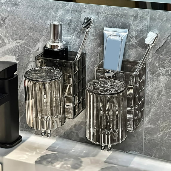 Toothbrush Holder Wall Mounted Storage Rack | No-Drill Installation | Modern Crystal & Metal Design | Multi-Functional with Cup Holder | Space-Saving Organizer | 1 Piece | 8.5x12x6.4 cm