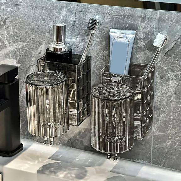 Toothbrush Holder Wall Mounted Storage Rack | No-Drill Installation | Modern Crystal & Metal Design | Multi-Functional with Cup Holder | Space-Saving Organizer | 1 Piece | 8.5x12x6.4 cm