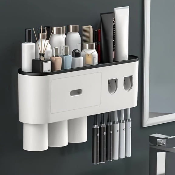 Toothbrush Holder Wall Mounted With Double Automatic Toothpaste Dispenser Squeezer Kit, 3 Cups/2 Cups