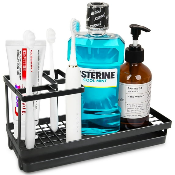 Toothbrush Holders for Bathroom, 4 Slots Carbon Steel Tooth Brushing Holder Electric Toothbrush Toothpaste Holder with Drainage, Bathroom Accessories Storage Tooth Brush Countertop Organization,Black