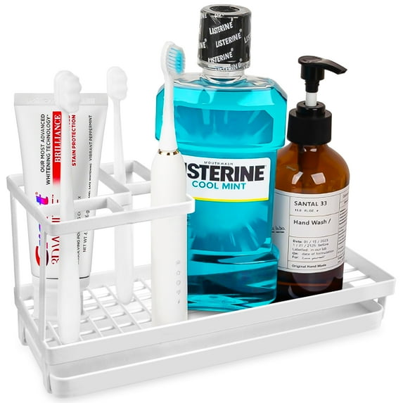 Toothbrush Holders for Bathroom, 4 Slots Carbon Steel Tooth Brushing Holder Electric Toothbrush Toothpaste Holder with Drainage, Bathroom Accessories Storage Tooth Brush Countertop Organization,White