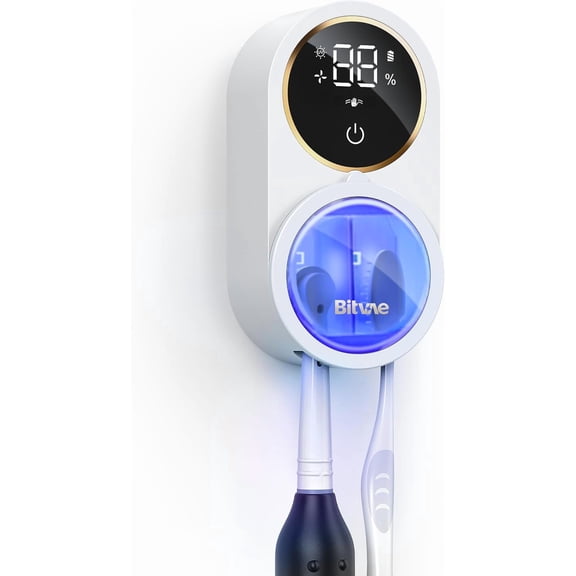 Toothbrush Holder with Infrared Sensor Cleaner Wall Mounted Air Drying LED Screen White Gold Trim