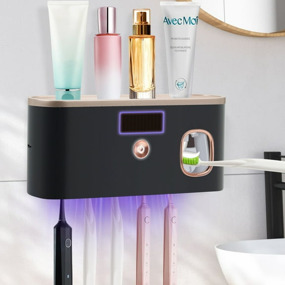 PHANCIR UV Toothbrush Holder for Bathrooms,5-Slot Wall Mount Toothbrush Sanitizer & Timing Function Wall Mounted with Toothpaste Dispenser for Electric / Regular Toothbrush