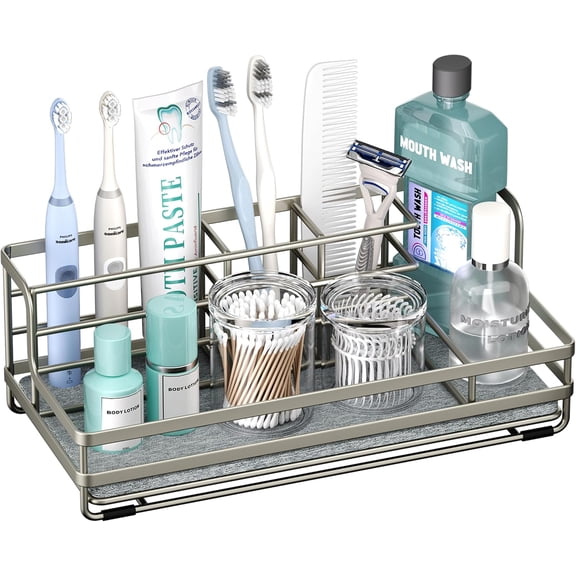 Toothbrush Holders for Bathroom - 5 Partitions Bathroom Counter Organizer with Instant Drying Stone, Stainless Steel Countertop Storage Electric Toothbrush Toothpaste Holder - Brushed Nickel