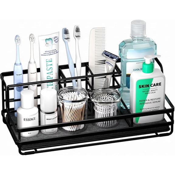 Toothbrush Holders for Bathroom - 5 Partitions Bathroom Counter Organizer with Instant Drying Stone, Stainless Steel Countertop Storage Electric Toothbrush Toothpaste Holder - Black(Large)