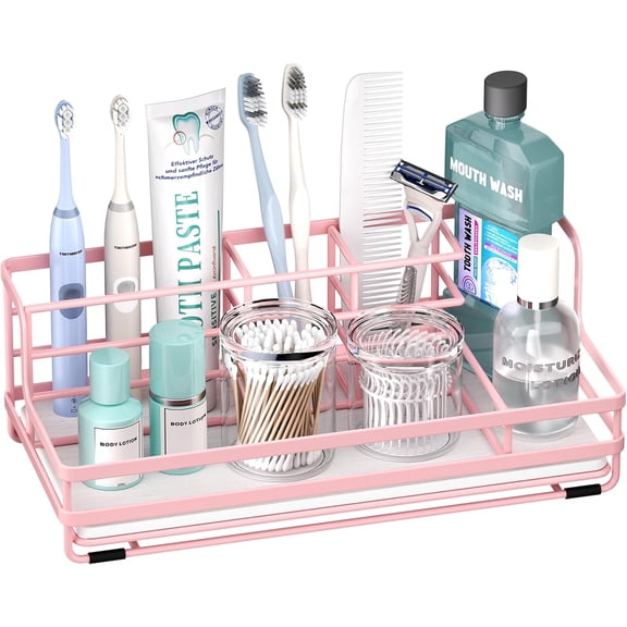 Toothbrush Holders for Bathroom - 5 Partitions Bathroom Counter Organizer with Instant Drying Stone, Stainless Steel Countertop Storage Electric Toothbrush Toothpaste Holder - Pink