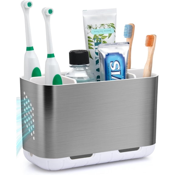 Toothbrush Holders for Bathroom Organizer Countertop, Detachable Anti-Slip Large Electric Toothbrush Holders, Brushed Nickel Toothbrush and Toothpaste Storage Caddy Drainage for Family, Kids