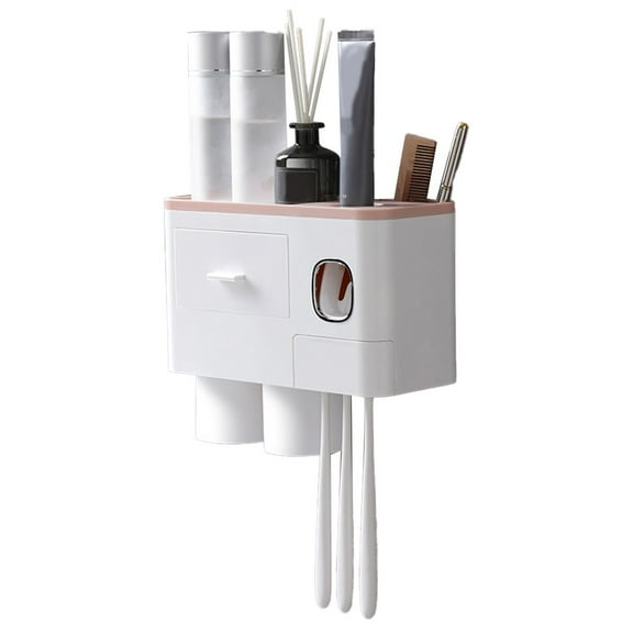 Toothbrush Holders for Bathrooms, 2 Cups Toothbrush Holder Wall Mounted with Toothpaste Dispenser - Large Capacity Tray, Cosmetic Drawer - Bathroom Decor & Bathroom Accessories