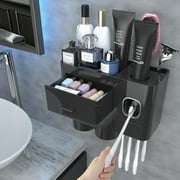 Toothbrush Holders for Bathrooms, 2 Cups Toothbrush Holder Wall Mounted with Toothpaste Dispenser - Large Capacity Tray, Cosmetic Drawer - Tooth Brushing Holder & Bathroom Accessories