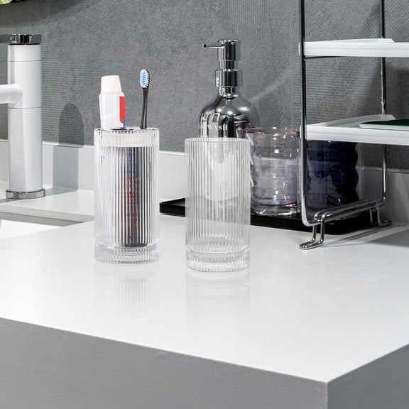 Toothbrush Holders for Bathrooms, 2pcs Clear Glass Toothbrush Holder, 14oz Bathroom Tumbler and Mouthwash Cup, Silver Tooth Brush and Toothpaste Organizer for Bathroom Vanity Countertop Decor