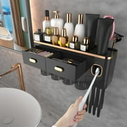 Toothbrush Holders for Bathrooms, 4 Cups Toothbrush Holder Wall Mounted with Toothpaste Dispenser - Large Capacity Tray, 2 Cosmetic Drawer - Bathroom Organizer & Bathroom Accessories Set