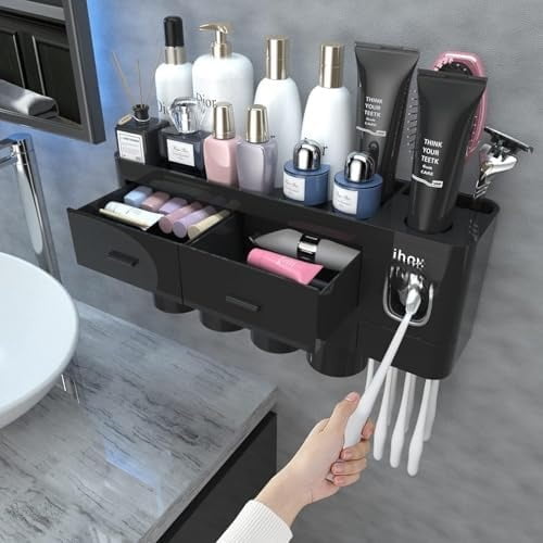 Toothbrush Holders for Bathrooms, 4 Cups Toothbrush Holder Wall Mounted with Toothpaste Dispenser - Large Capacity Tray, 2 Cosmetic Drawer - Bathroom Storage & Bathroom Organizer