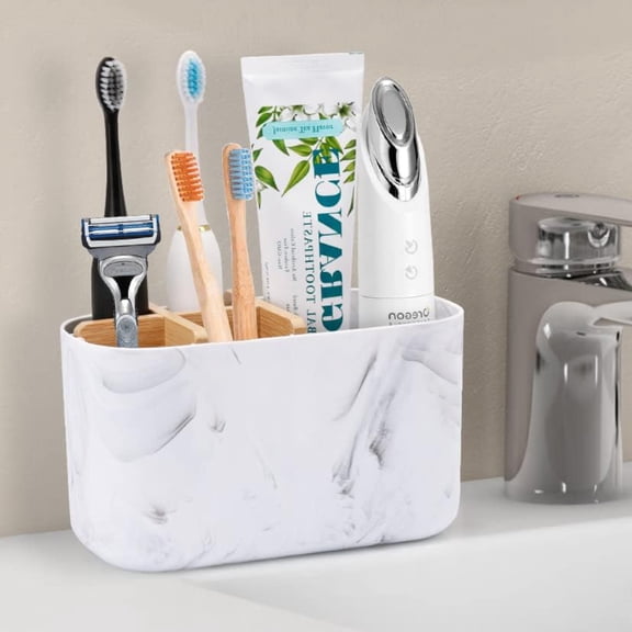 Toothbrush Holders for Bathrooms, 5 Slots Bamboo Toothbrush Holder Kids Electric Toothbrush Holder and Toothpaste Holder for Bathroom Countertop Accessories Storage, Marble Toothbrush Organizer