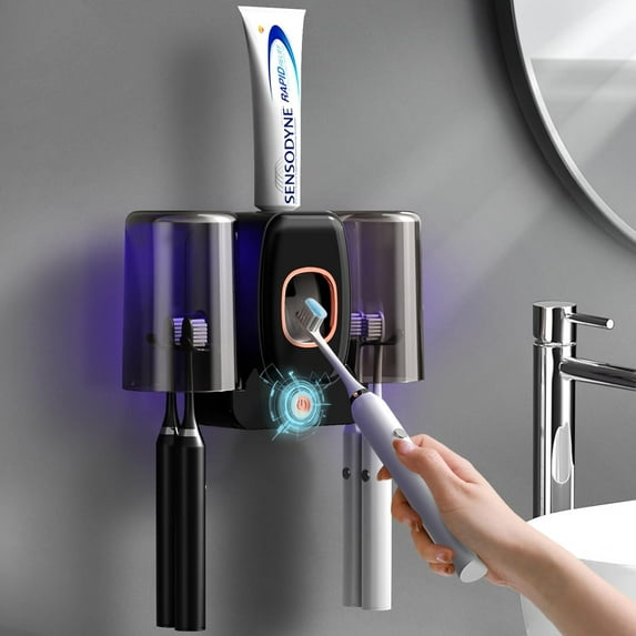 Toothbrush Holders for Bathrooms, Automatic Toothpaste Dispenser Space Saving Toothbrush and Toothpaste Holder,Toothbrush Holder Wall Mounted with 2 Cups for Bathroom