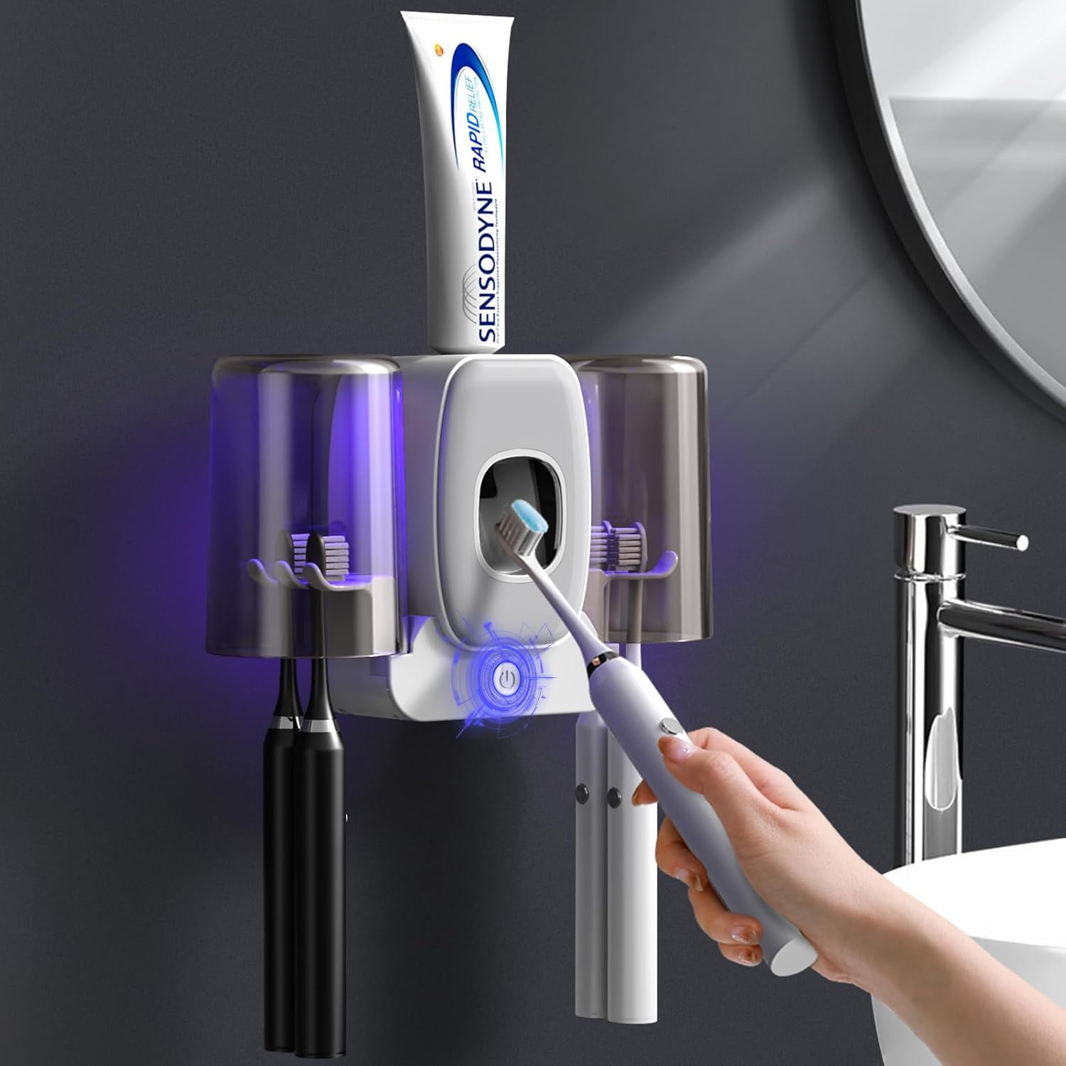 Toothbrush Holders for Bathrooms, Automatic Toothpaste Dispenser Space Saving Toothbrush and Toothpaste Holder，Toothbrush Holder Wall Mounted with 2 Cups for Bathroom