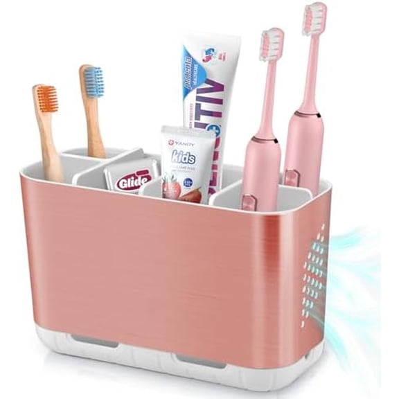 Toothbrush Holders for Bathrooms Countertop, Electric Tooth Brush Holder with Adjustable Dividers, Detachable Anti-Slip Large Toothpaste Caddy Organizer Storage for Shower, Family, Kids, Pink