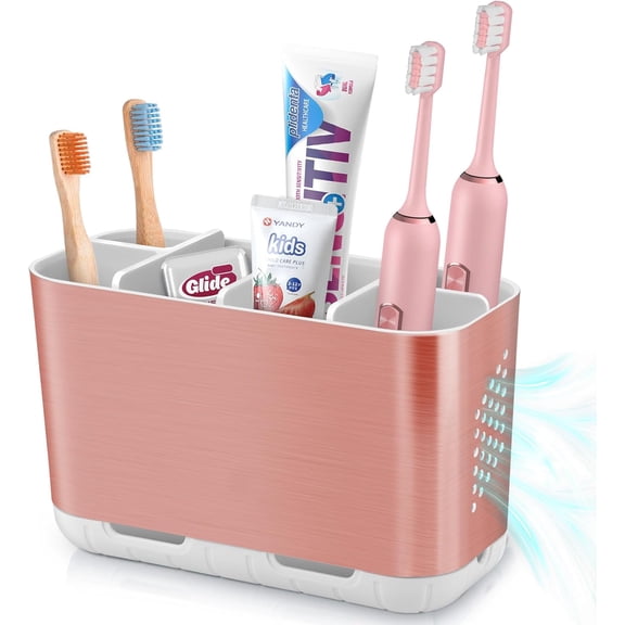 Toothbrush Holders for Bathrooms Countertop, Electric Tooth Brush Holder with Adjustable Dividers, Detachable Anti-Slip Large Toothpaste Caddy Organizer Storage for Shower, Family, Kids, Pink