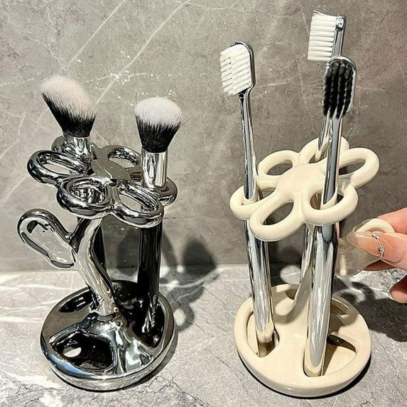 Toothbrush Holders for Bathrooms, Flower Shape Ceramic Toothbrush Organizer, Holds 6 Standard Brushes, Toothbrush Storage Rack Ceramic Flower Multifunctional Design Storage Rack