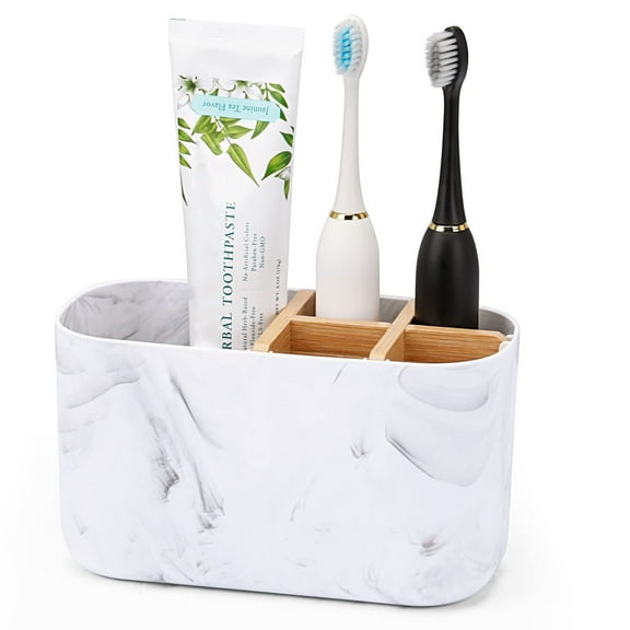 Toothbrush Holders for Bathrooms,  Marble Toothbrush Organizer,5 Slots Bamboo Toothbrush Holder  Electric Toothbrush Holder and Toothpaste Holder for Bathroom Countertop Accessories Storage