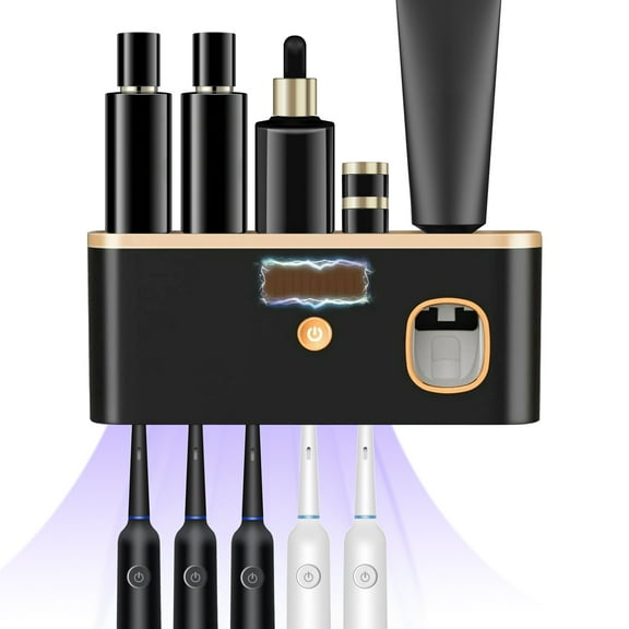 Rirool Wall Mount Toothbrush Holder with Toothpaste Dispenser - 5 Brush Slots, No Drill Installation, Solar/USB Charging, UV Sterilizer for Bathroom Organization, Black
