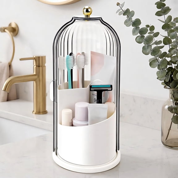 Toothbrush Holder with 360° Rotating Base & Sliding Lid, Compact Bathroom Organizer for Countertop, Tooth Brush and Toothpaste Holder, Bathroom Counter Stand, Sink Organizer Caddy for Vanity, Makeup