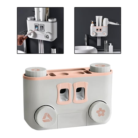Toothbrush Holders Wall Mounted, Automatic Toothpaste Squeezer Holder for Bathroom and Vanity, 5 Brush Slots, 2 Toothpaste, Holder, Pink