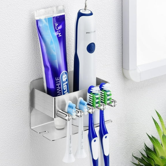 Toothbrush Holders - Wall Mounted Toothpaste Holder for Bathrooms, Stainless Steel Tooth Brushing Holder Shower Electric Tooth Brush Head Holder Organizer Storage Brushed Nickel Silver